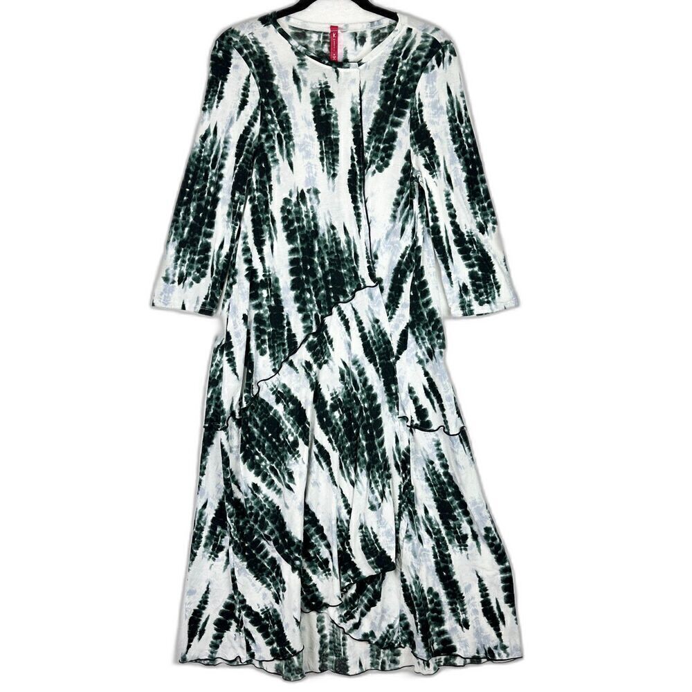 IC By Connie K Tie Dye Asymmetrical Midi Dress Size Medium Green White Stretch